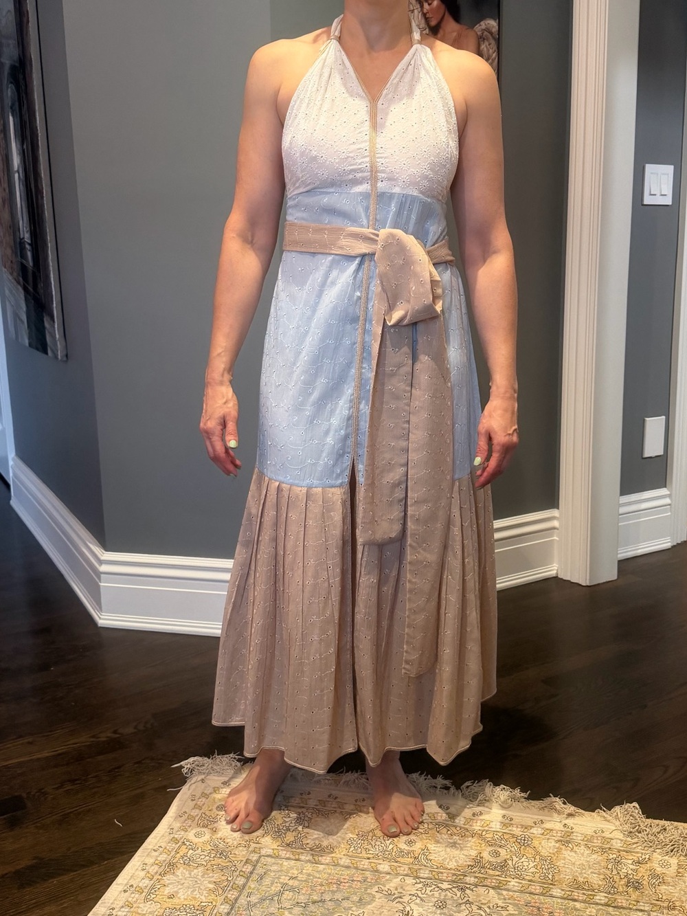 Halter Maxi Dress in Light Blue and Beige with Waist Tie